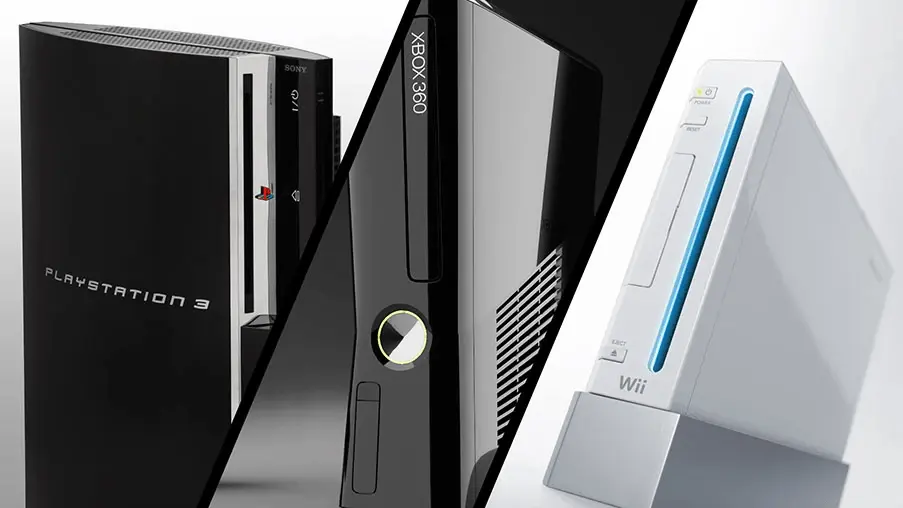 Un collage di console per videogiochi della settima generazione, che mostra design ispirati a Frutiger Aero