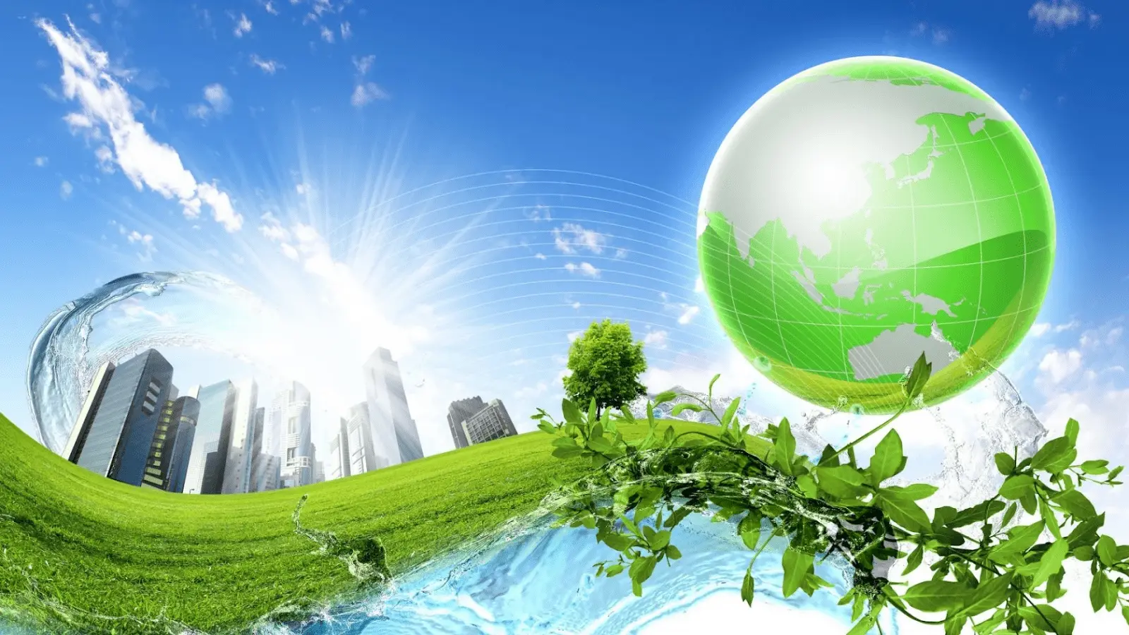 Ejemplo de Renewable Corporate Futurism con espacios de oficina ecológicos y tecnología sostenible
