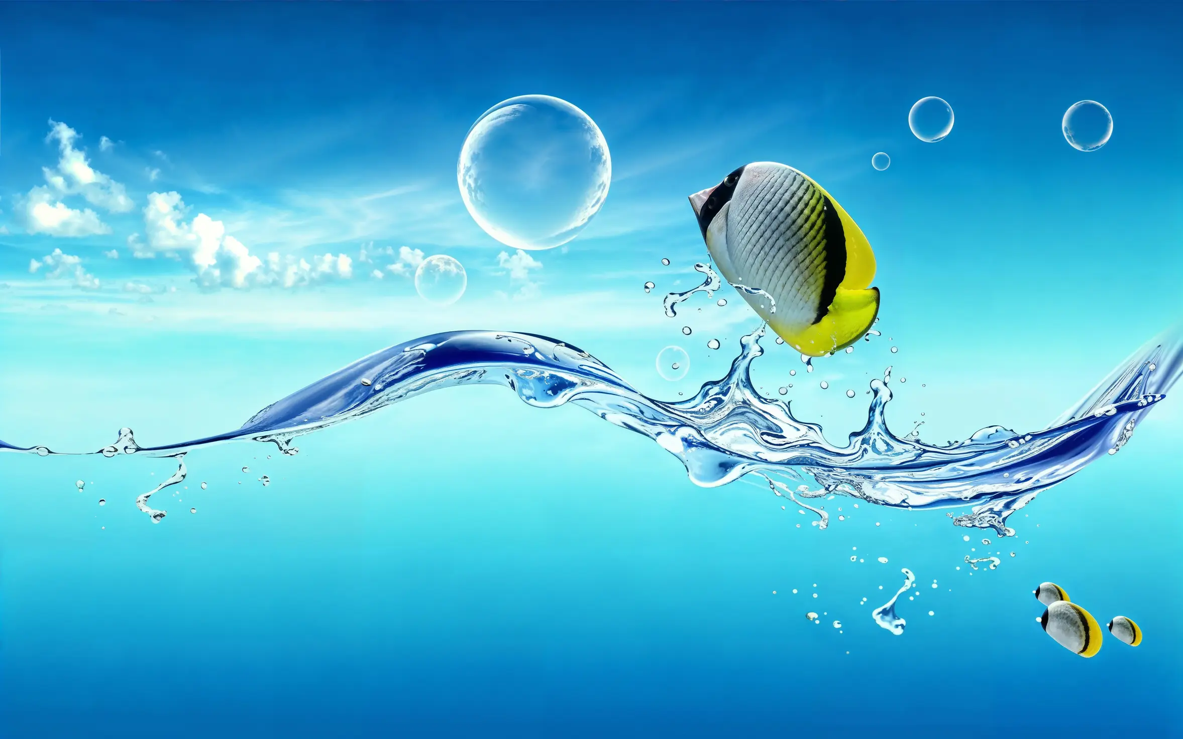 Beispiel für Helvetica Aqua Aero-Design mit einer kinderfreundlichen Wasserumgebung, lebendigen Farben und glänzenden Elementen